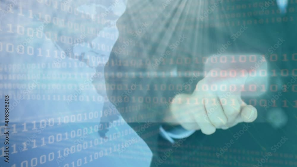 Poster animation of caucasian businesswoman touching interactive screen with binary coding