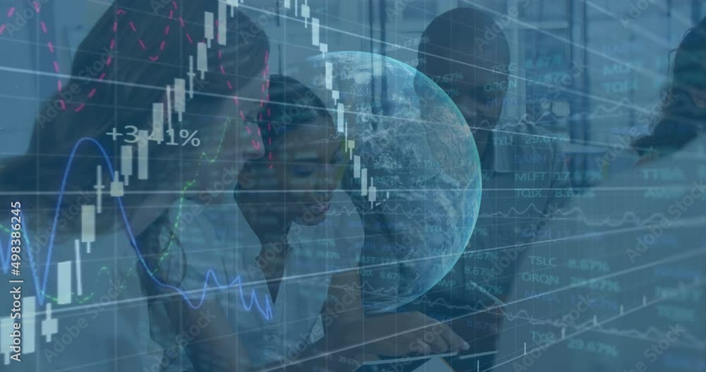 Poster animation of financial data processing over globe and diverse business colleagues in office
