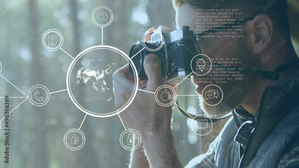 Poster animation of globe and data processing over caucasian man using camera