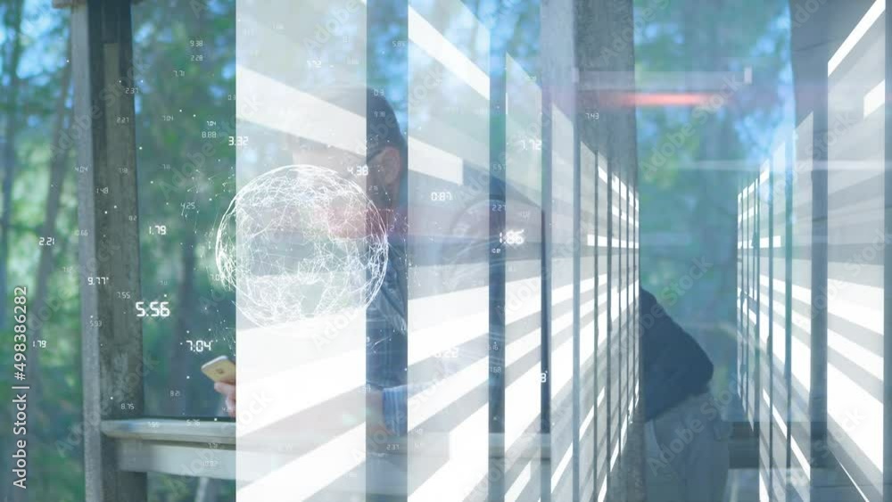 Poster animation of globe, numbers and tunnel made of lights over caucasian man using smartphone