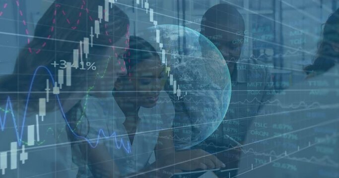 Animation of financial data processing over globe and diverse business colleagues in office