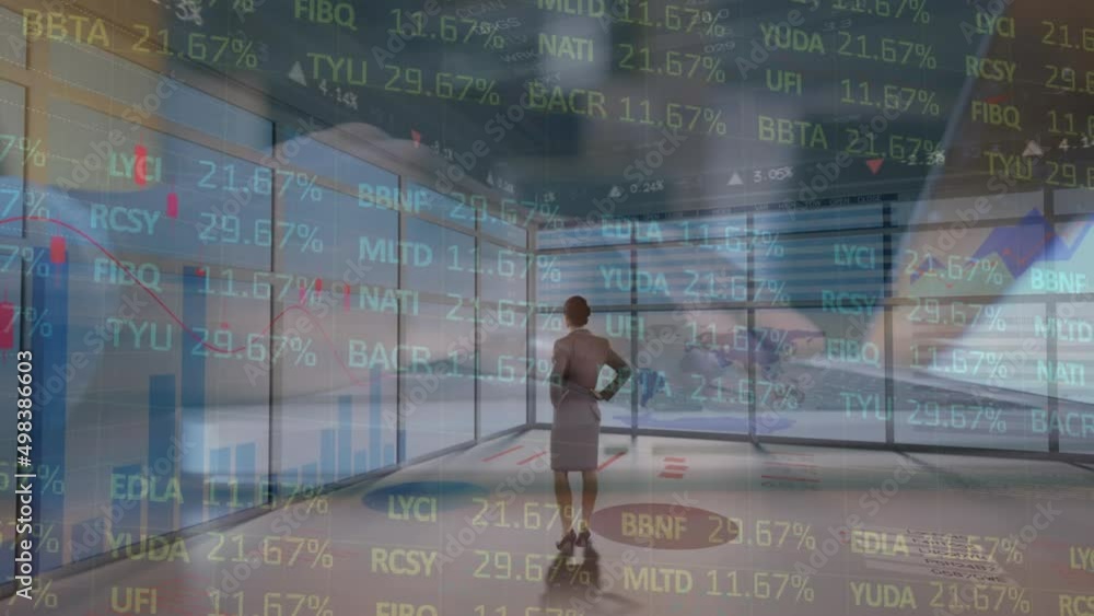 Poster animation of financial data and graphs over woman and hands of man using laptop