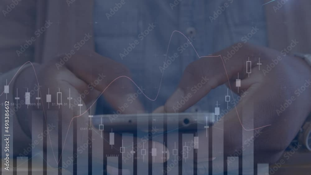 Poster animation of financial data and graphs moving over hands of biracial man using smartphone