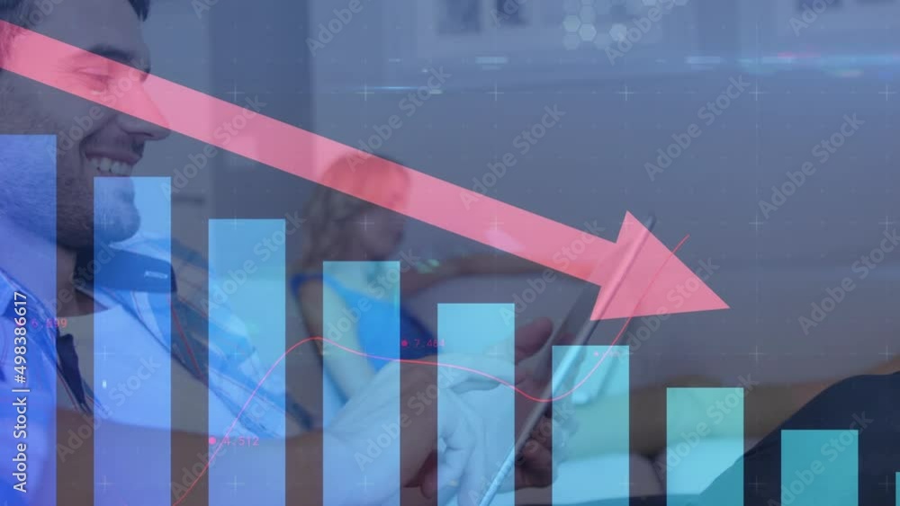 Poster animation of arrow, data and graphs moving over caucasian man using tablet