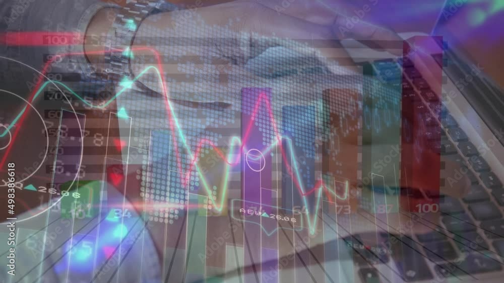Poster animation of financial data and graphs moving over hands of biracial man using laptop