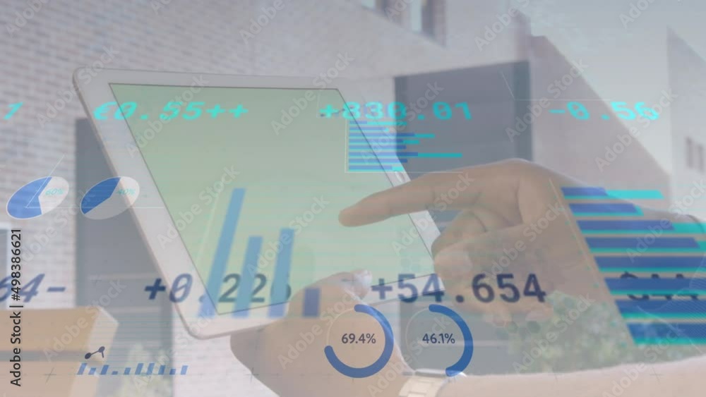 Poster animation of financial data and graphs over hands of biracial man using tablet with copy space