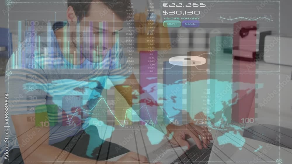 Aufkleber animation of financial data and graphs moving over happy caucasian man using laptop