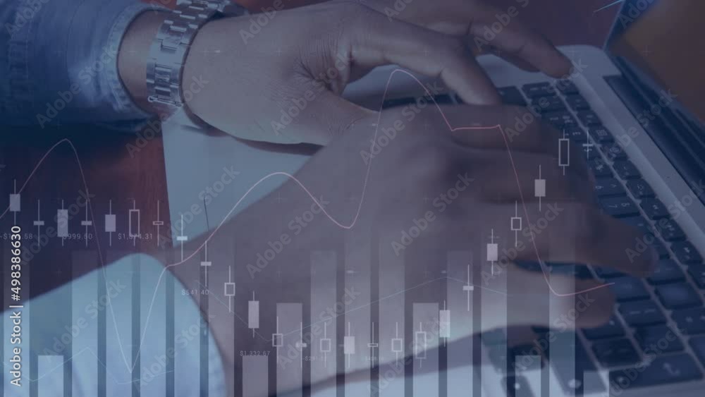 Poster animation of financial data and graphs moving over hands of biracial man using laptop