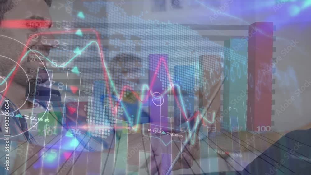 Poster animation of financial data and graphs moving over caucasian man using tablet