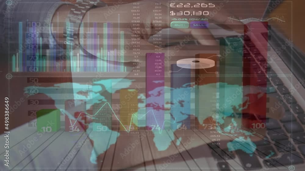 Aufkleber animation of financial data and graphs over hands of caucasian man using laptop