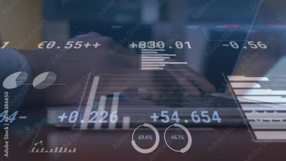 Poster animation of financial data and graphs over hands of biracial man using laptop