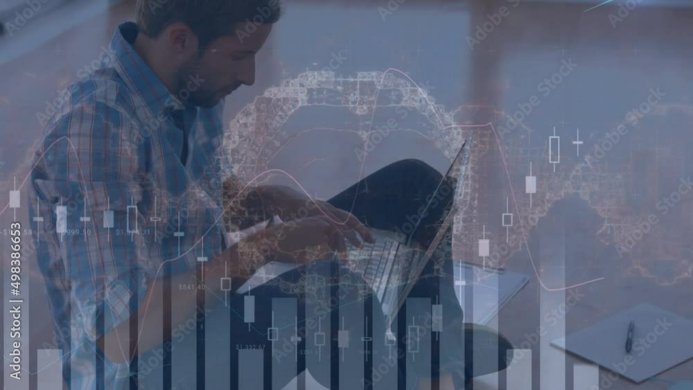 Poster animation of financial data and graphs over caucasian man using laptop