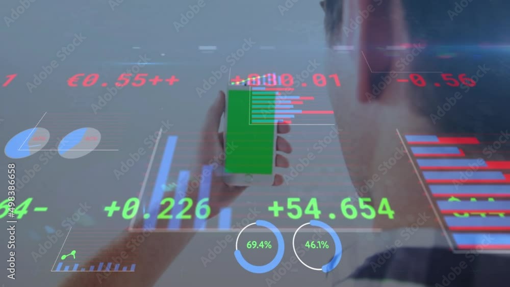 Poster animation of financial data and graphs over caucasian man using smartphone with copy space
