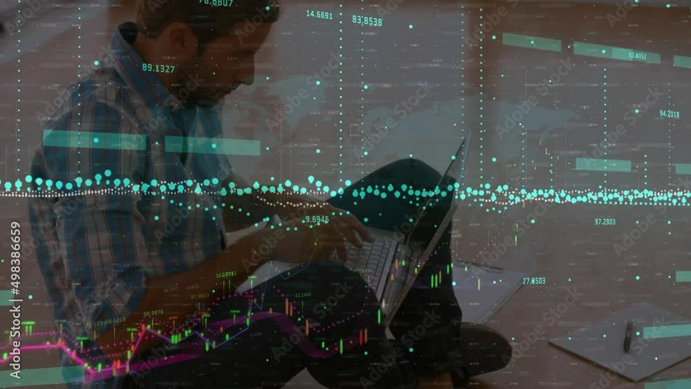 Aufkleber animation of financial data and graphs over caucasian man using laptop