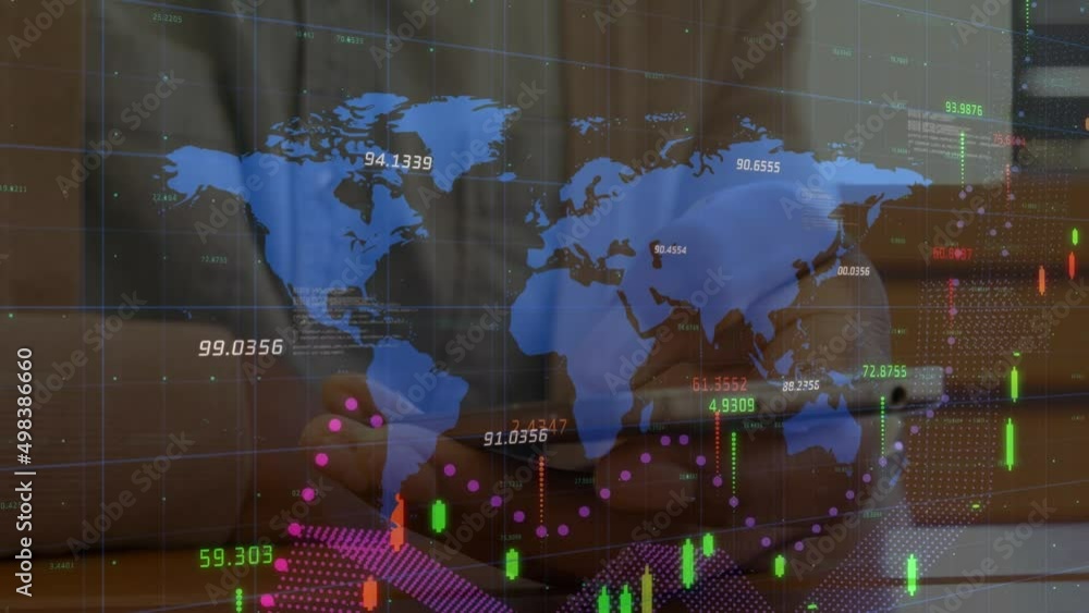 Poster animation of financial data and world map over hands of biracial man using smartphone