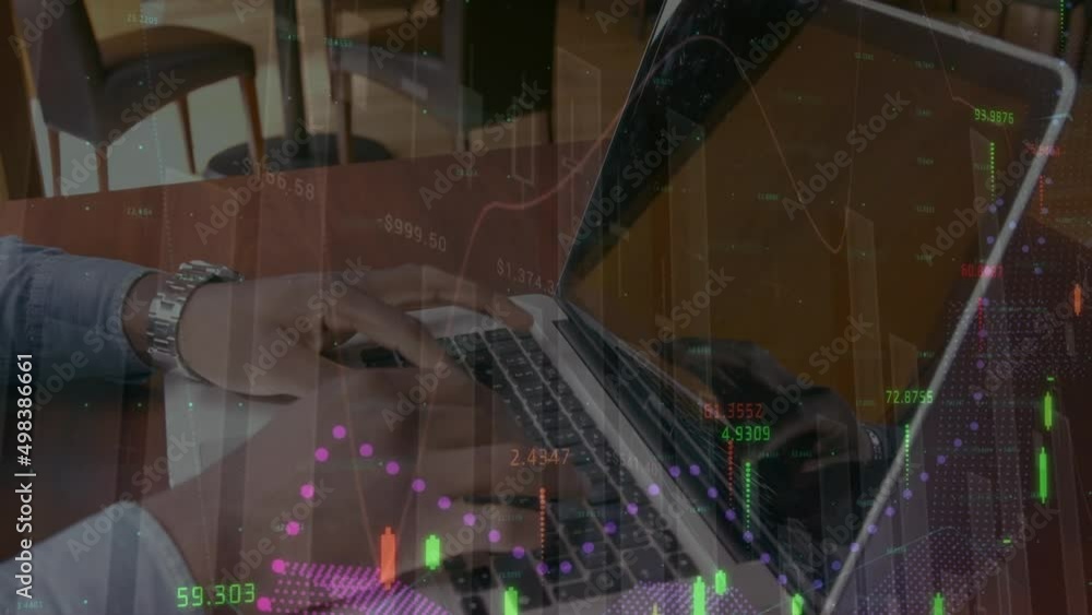 Aufkleber animation of financial data and graphs over hands of biracial man using laptop