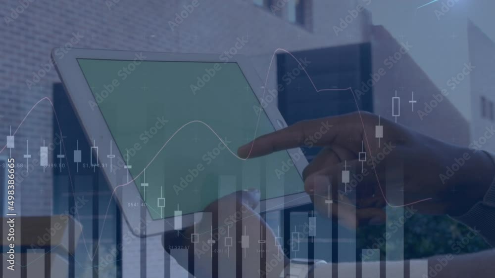 Poster animation of financial data and graphs over hands of biracial man using tablet with copy space