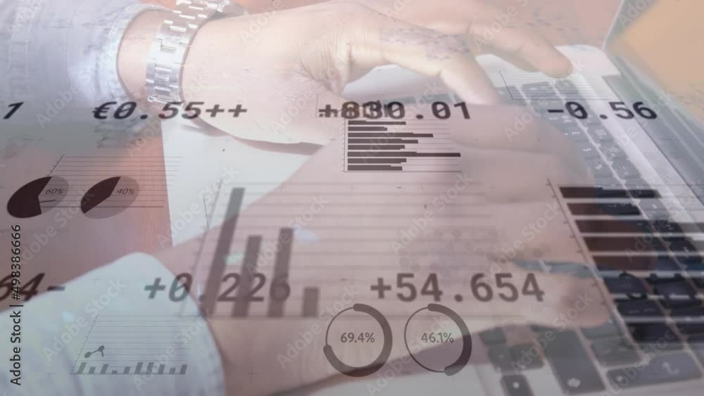 Poster animation of financial data and graphs over hands of caucasian man using laptop