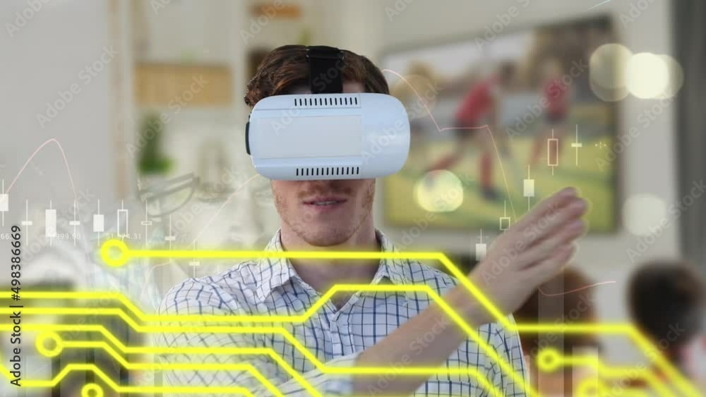 Poster Animation of statistics and computer circuit board over caucasian businessman in vr headset
