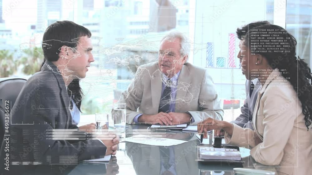 Poster animation of statistics and financial data processing over diverse business people in meeting