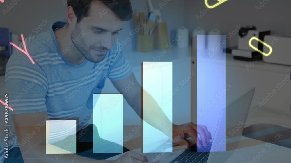 Poster animation of financial data and graphs over happy caucasian man using laptop