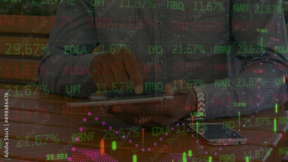 Poster animation of financial data and graphs over hands of biracial man using laptop