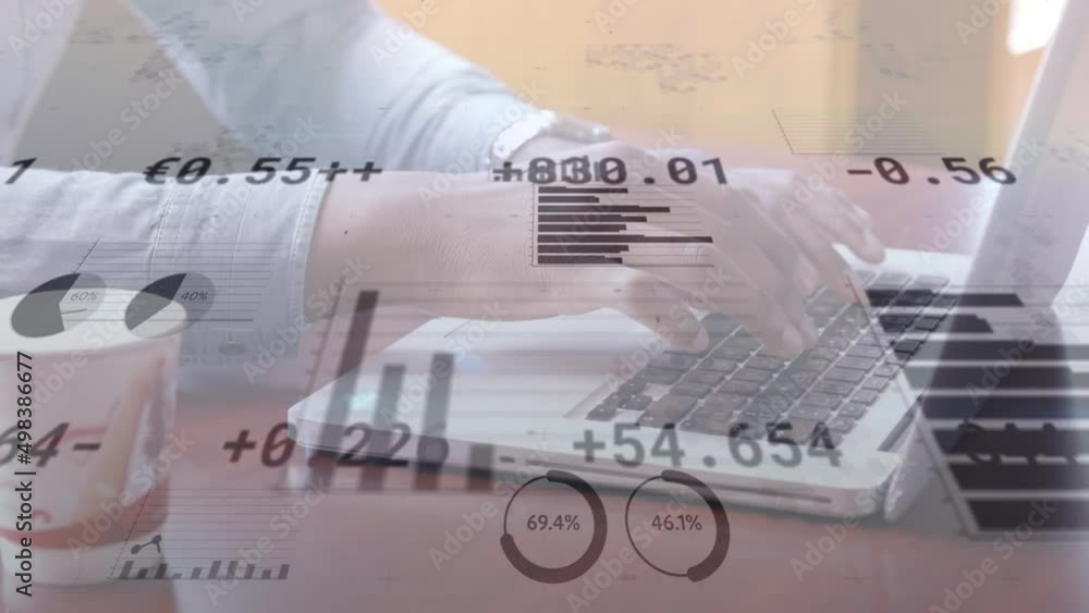 Poster animation of financial data and graphs over hands of caucasian man using laptop