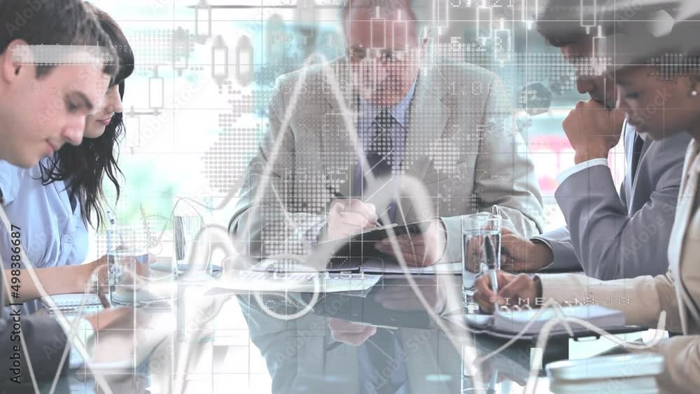 Poster animation of statistics and financial data processing over diverse business people in meeting