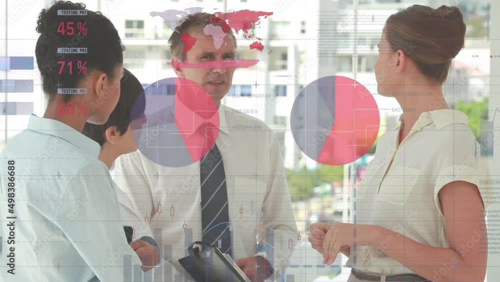 Aufkleber animation of statistics and financial data processing over diverse business people in meeting