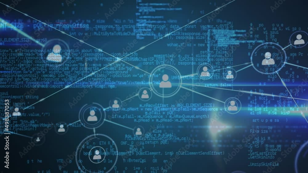 Poster animation of network of connections of user icons and data processing in digital space