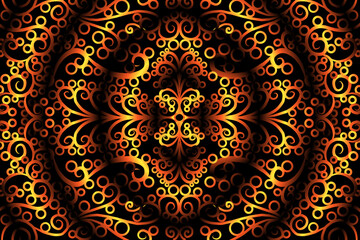 seamless circular circle LUXURIOUS gOLD Colour caleidoscope gradient flower art pattern of indonesian culture traditional tenun batik ethnic dayak ornament for wallpaper with Black background 