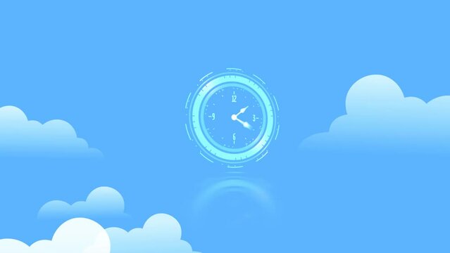 Animation of clock moving over clouds and blue background