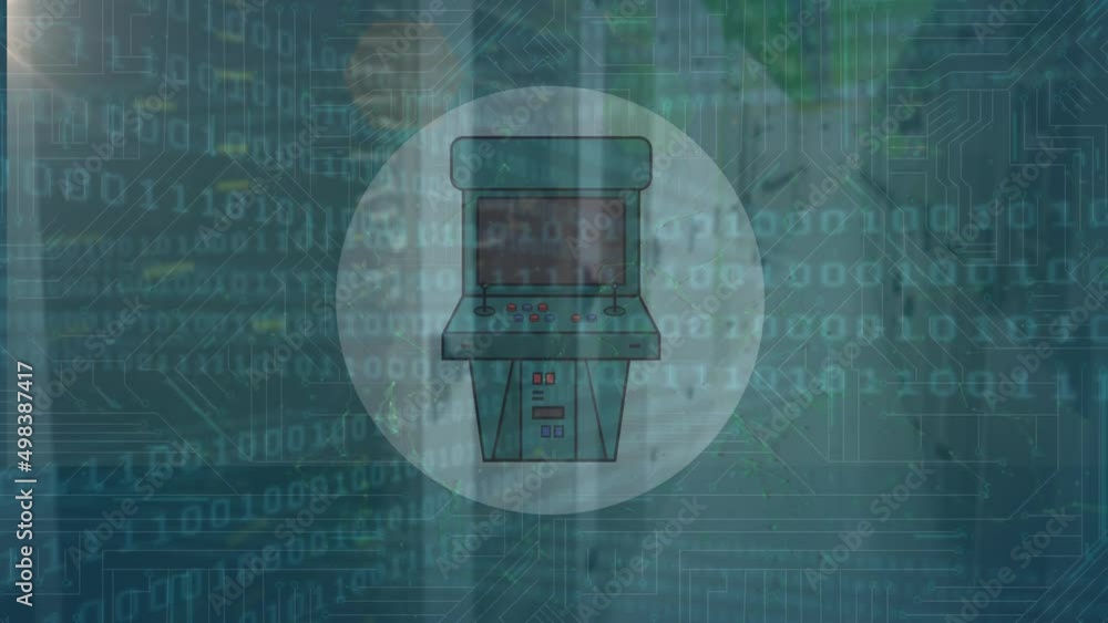 Poster animation of video game icon, binary coding, data processing over glowing computer circuit board