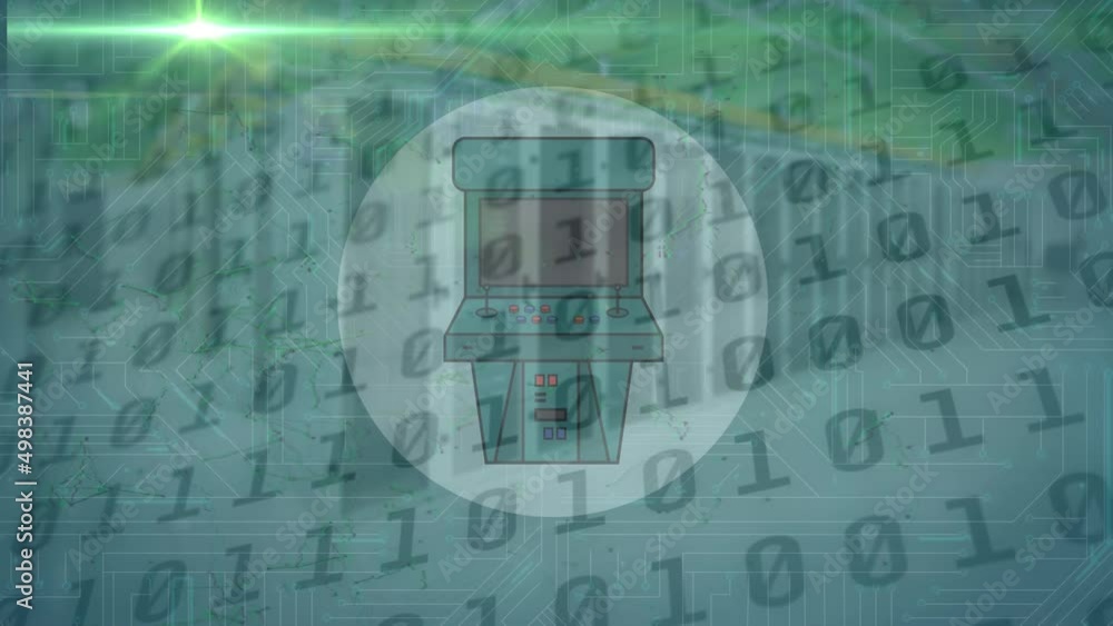Poster animation of video game icon, binary coding, data processing over glowing computer circuit board
