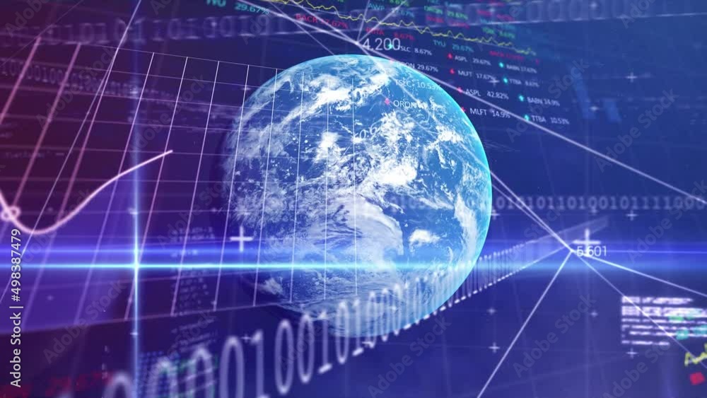 Poster animation of binary coding, data processing over globe and grid on blue background