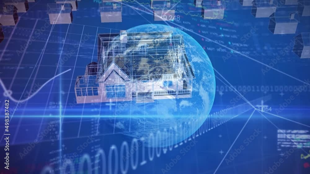 Poster animation of binary coding, data processing over globe and grid on blue background