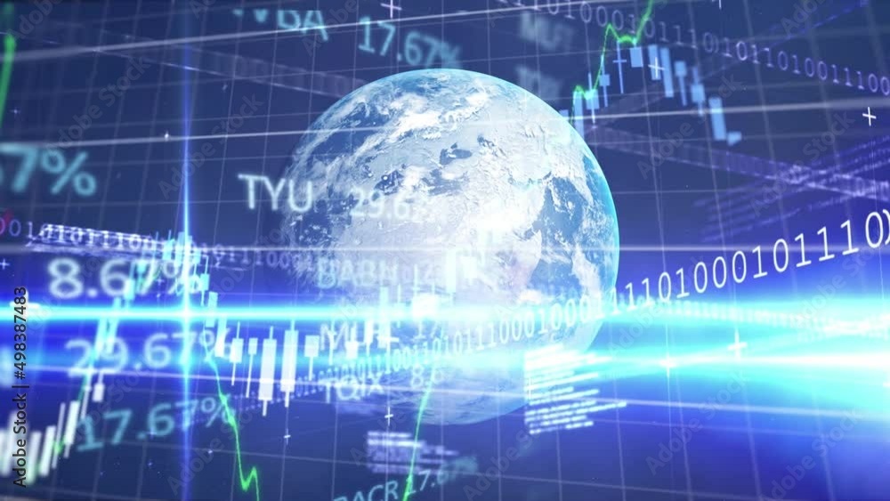Poster animation of binary coding, data processing over globe and grid on blue background