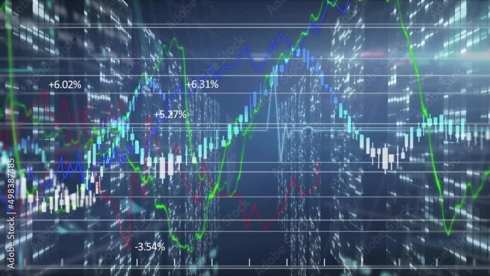 Poster animation of data processing over grid on blue background