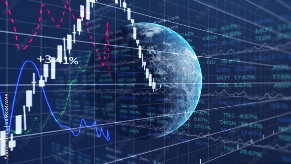 Poster animation of data processing over globe and grid on blue background