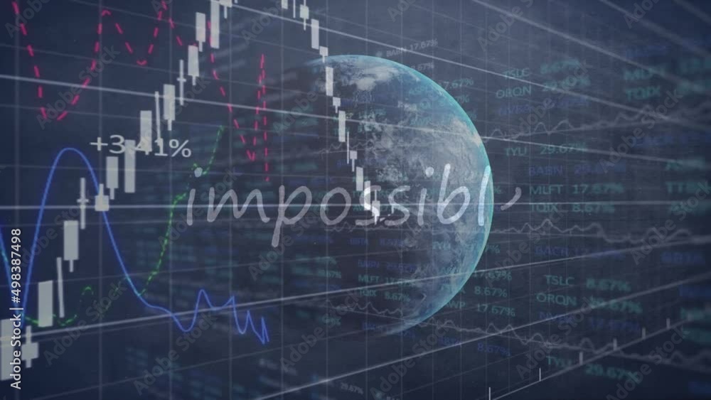Poster animation of impossible text, data processing over globe and grid on blue background