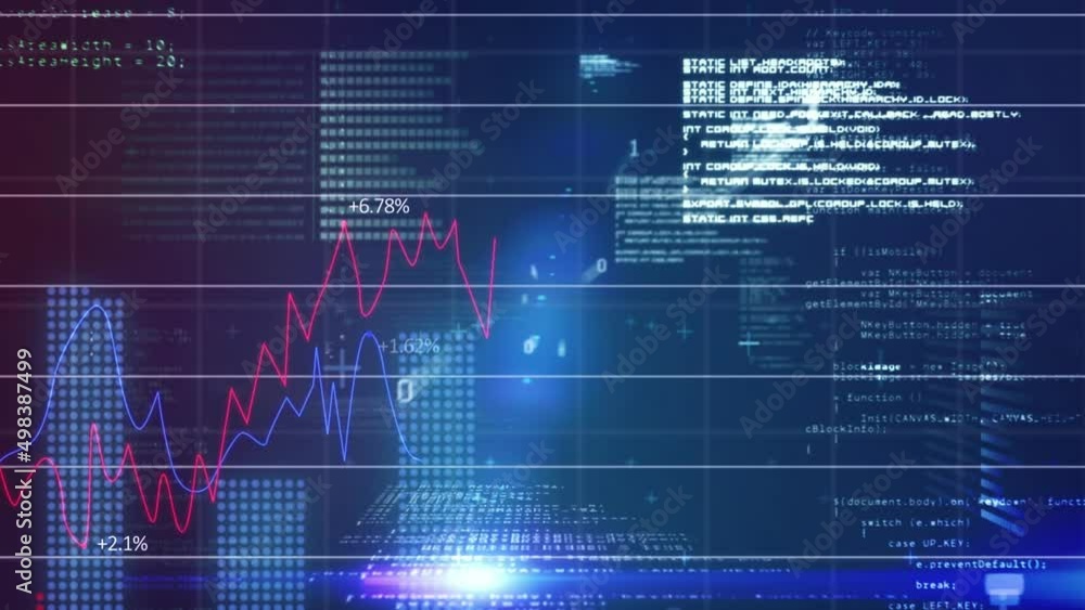 Poster animation of binary coding, data processing over grid on blue background