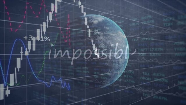 Animation of impossible text, data processing over globe and grid on blue background