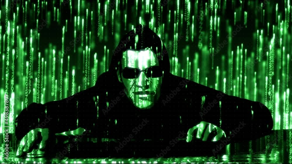 Poster animation of scopes scanning and green light trails over male computer hacker in background