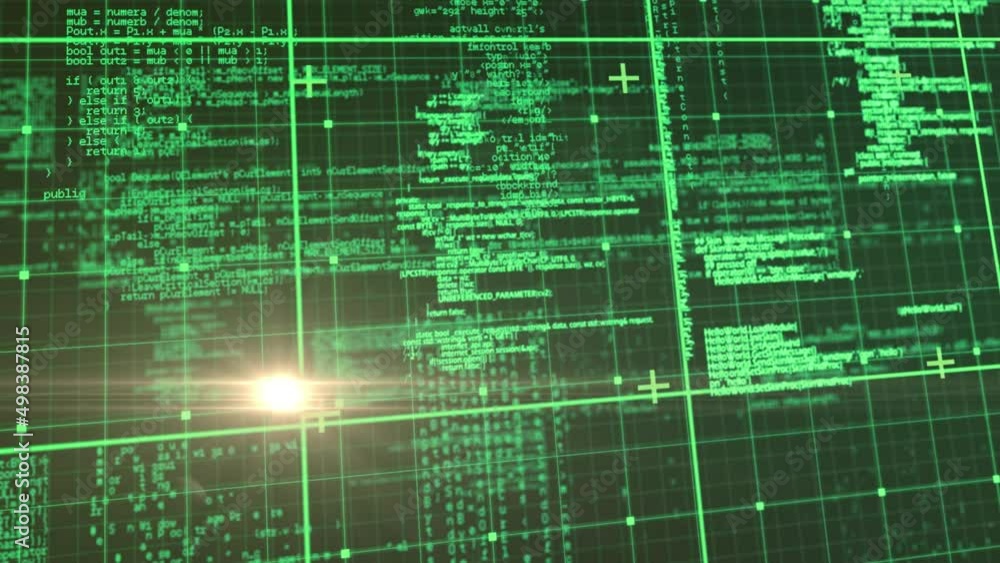 Poster animation of data processing over grid on black background