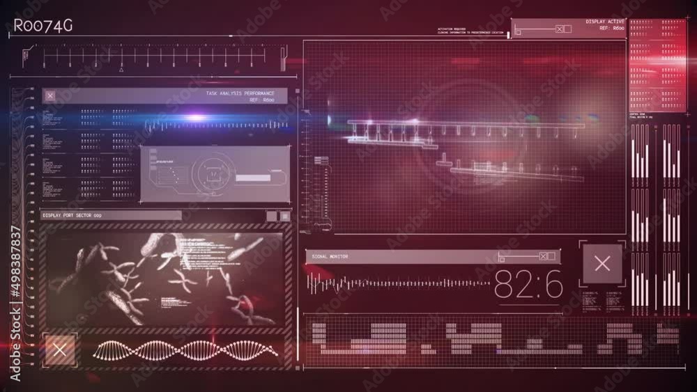 Poster animation of data processing over screen on black background