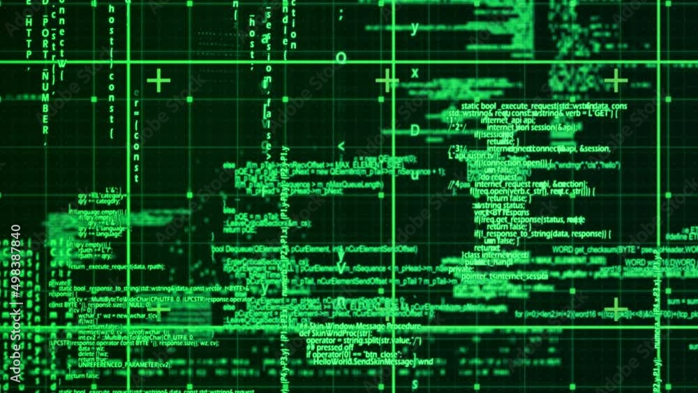 Poster animation of data processing over grid on black background