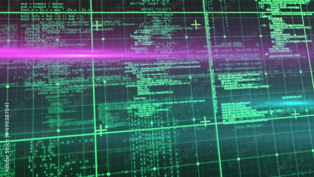 Poster animation of data processing over grid on black background