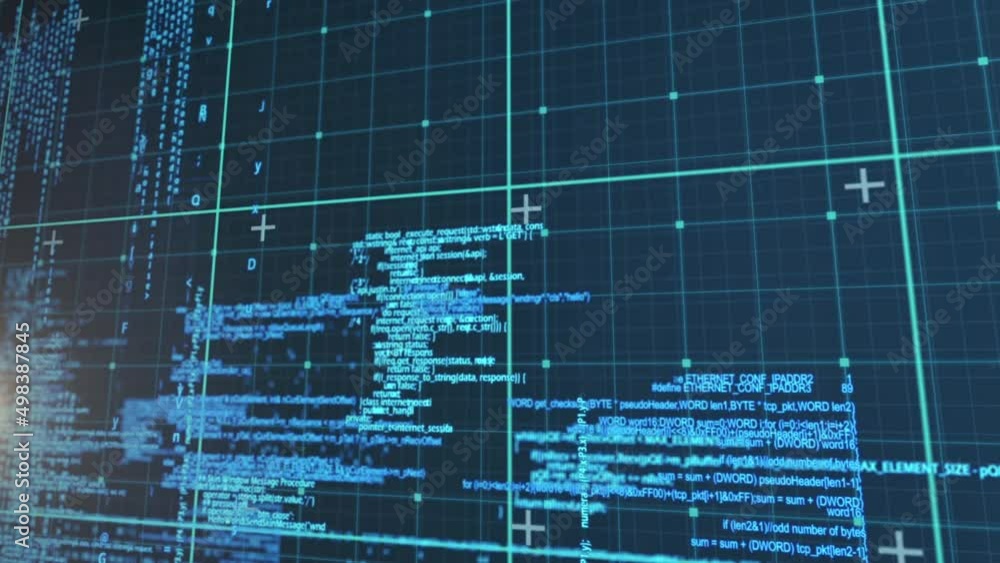 Poster animation of digital data processing over grid and blue background