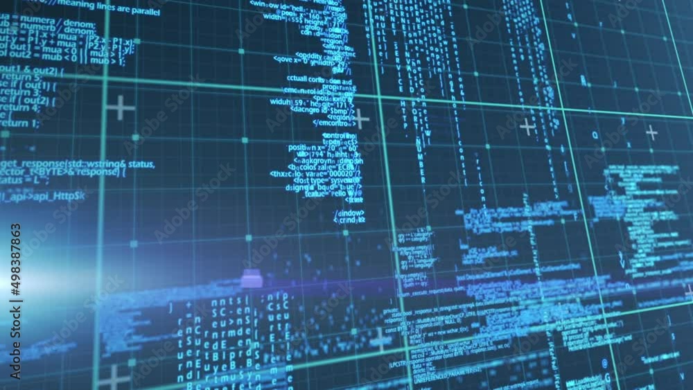 Poster animation of digital data processing over grid and blue background
