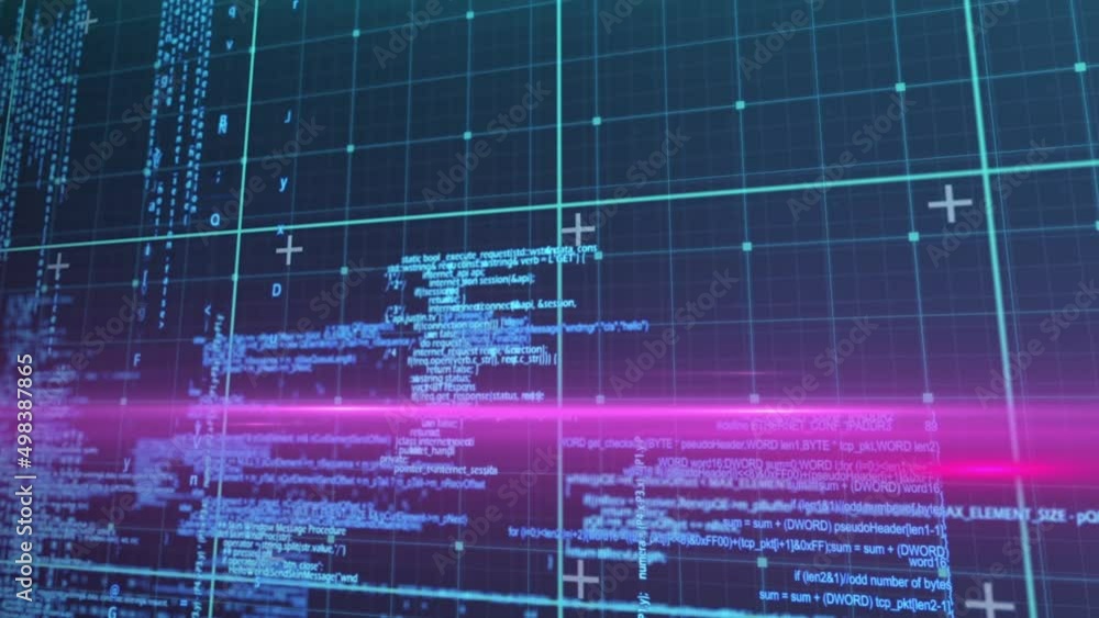 Poster animation of digital data processing over grid and blue background